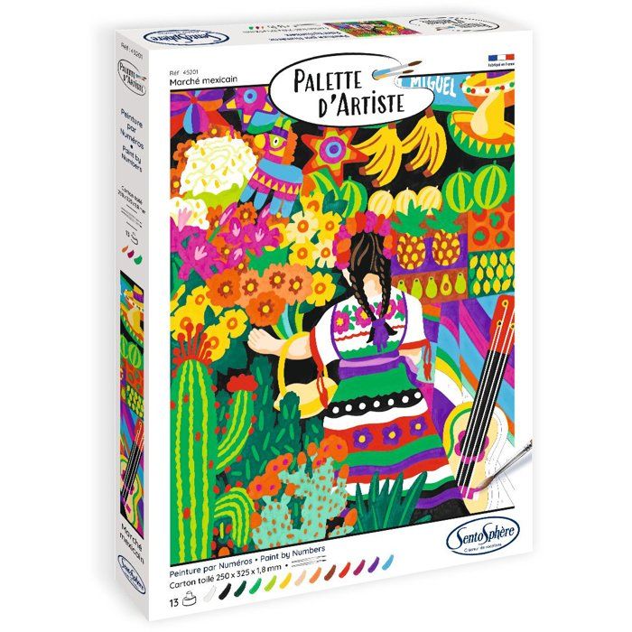 Peinture acrylique - SENTOSPHERE - Palette Dartiste - Marché Mexicain - Peinture à numéro pour adulte - Tableau toilée