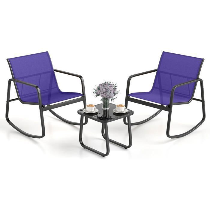 COSTWAY Ensemble 3PCS Table et Chaises de Jardin Table en Verre Trempé Chaises à Bascule 2 Places pour Balcon Patio PiscineBleu