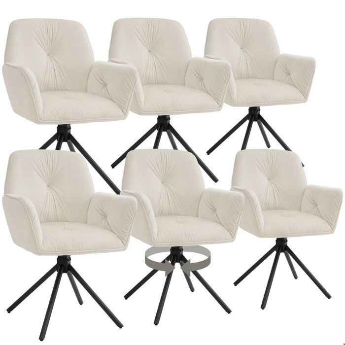 Chaise - TECTAKE - Lot de 6 fauteuils LENIA pivotants en velours rembourré pieds en acier 565 x 54 x 86 cm - Crème/Noir