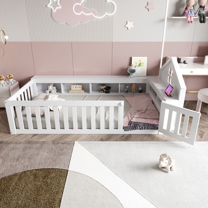 Lit cabine enfant 90 x 200 cm en bois massif blanc avec rangement et sommier à lattes
