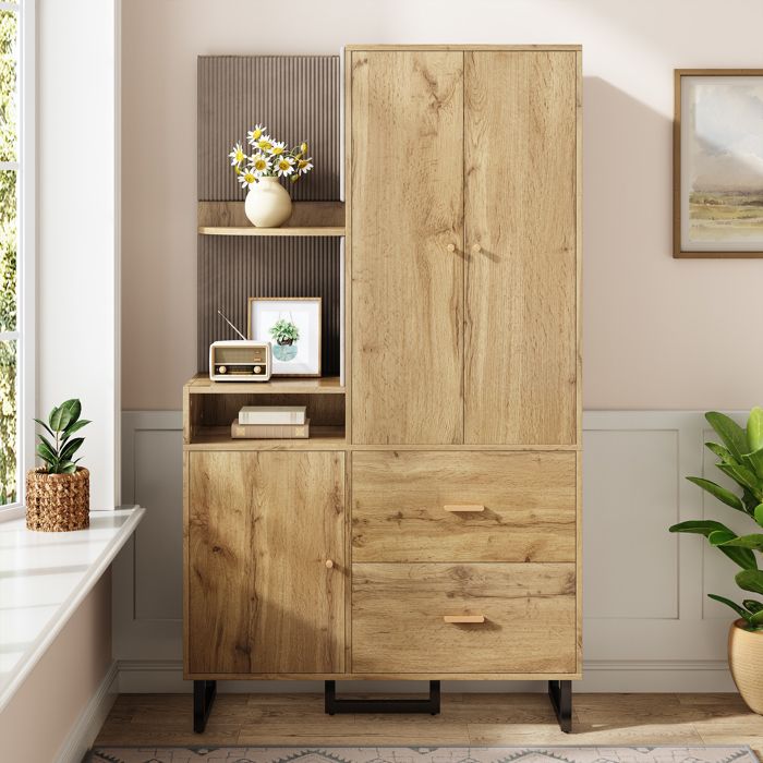 Ensemble vestiaire dentrée 110x38x186 cm - 3 portes et 2 tiroirs - Armoire avec tringle - Banc à chaussures - Naturel