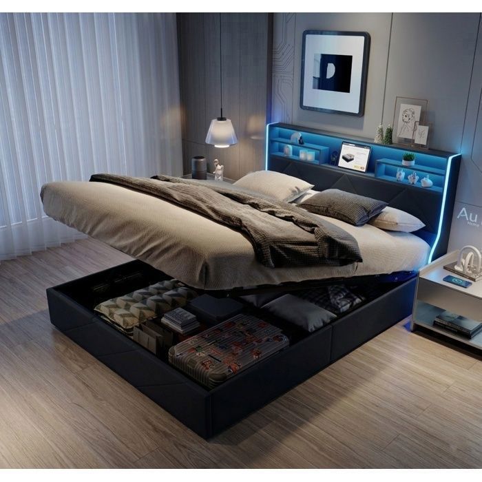 Lit coffre - SUNFECILI - 140x190 cm - avec USB - LED - Noir
