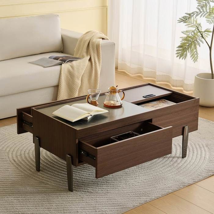 Table basse en bois moderne avec 2 tiroirs et plateau en verre 105 x 50 x 415 cm Table de salon Pieds de table en métal Brun