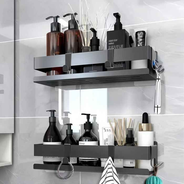 Étagères de douche aluminium sans perçage - Kit 2 pièces 31 cm avec crochets amovibles - Rangement salle de bain