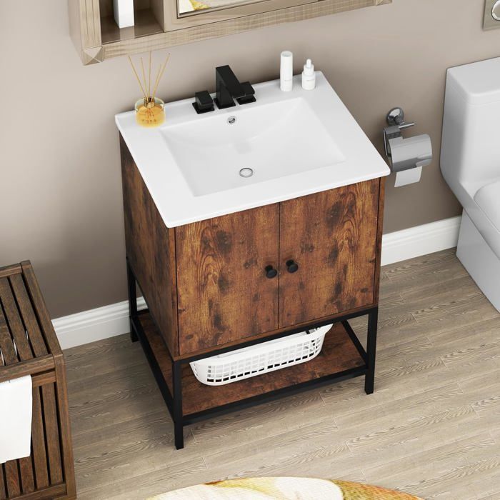 GOPLUS Meuble sous Lavabo Salle de Bains en Céramique Meuble sous Vasque Encastrée  61 x 465 x 87 cm Charge 70KG