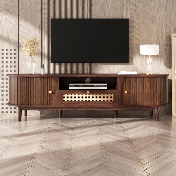 Meuble TV en Rotin avec Portes et Tiroirs Meuble de Rangement en Bois Massif pour Salon avec Porte Coulissante 165 x 37 x 46 cm Meuble TV en Rotin avec Portes et Tiroirs Meuble de Rangement en Bois Massif pour Salon avec Porte Coulissante 165 x 37 x 46 cm