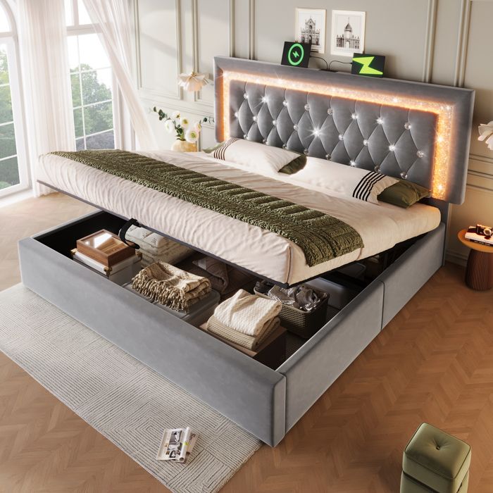 Lit Coffre 180x200 avec LED et charge USB/Type-C Cadre de Lit avec Sommier à lattes Lit rembourré Velours Gris (Sans matelas