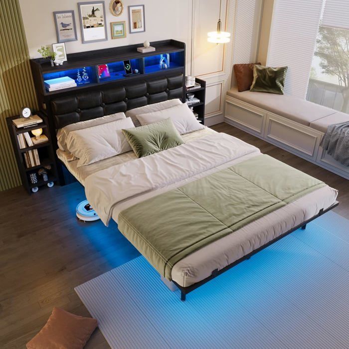 Lit 140x190 avec Sommier et Table de Chevet Réglable Lit Double 140x190 avec LED et Ports USB/USB-C(sans Matelas)