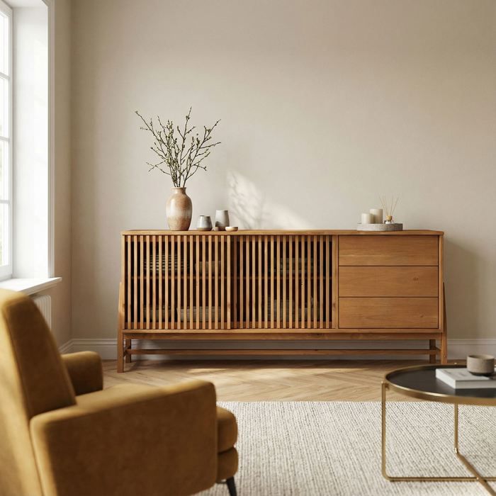 Buffet ADAMO L 175 cm en Bois Massif Couleur Chêne avec 2 Portes Coulissantes 3 Tiroirs Design Chaleureux à Lamelles Buffet ADAMO L 175 cm en Bois Massif Couleur Chêne avec 2 Portes Coulissantes 3 Tiroirs Design Chaleureux à Lamelles