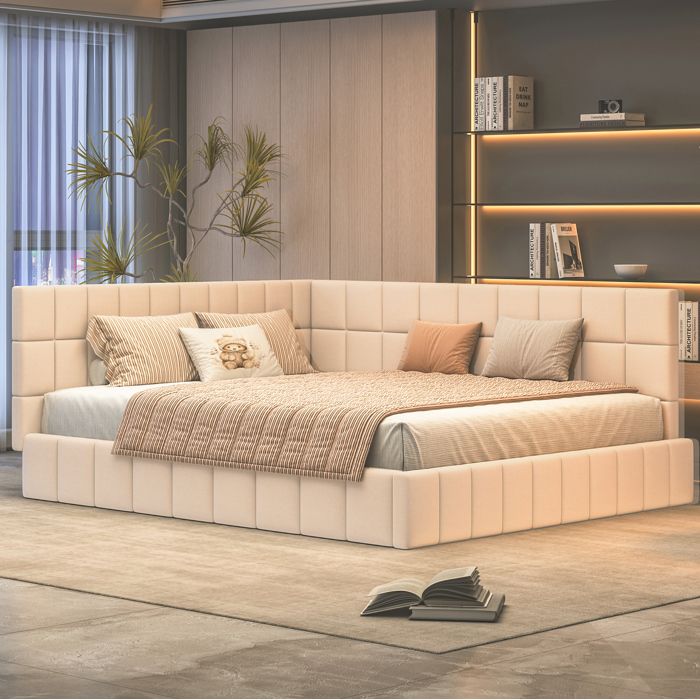 Lit banquette adulte 160x200 cm lit capitonné avec sommier à lattes dossier réversible tissu beige