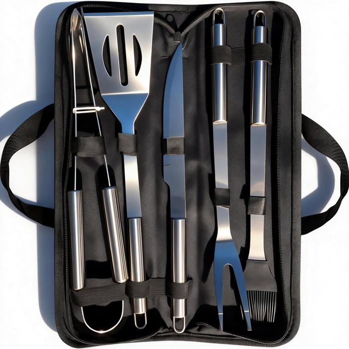 Set Ustensiles Barbecue 5 Pièces Inox Avec Étui Accessoires BBQ Pour Camping Jardin Et Pique-Nique