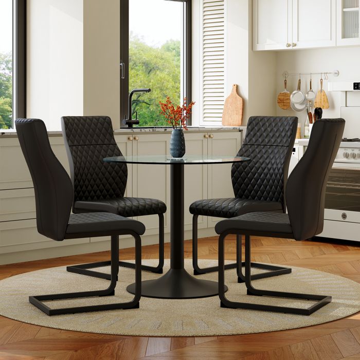 Ensemble table et chaises - Table ronde en verre - Diamètre 85 cm - 4 chaises noires - Dossier haut