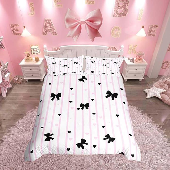 Parure de lit princesse arc nœud noir et rose housse couette rayures kawaii literie coquette pour fille (Noir e PARURE DE COUETTE
