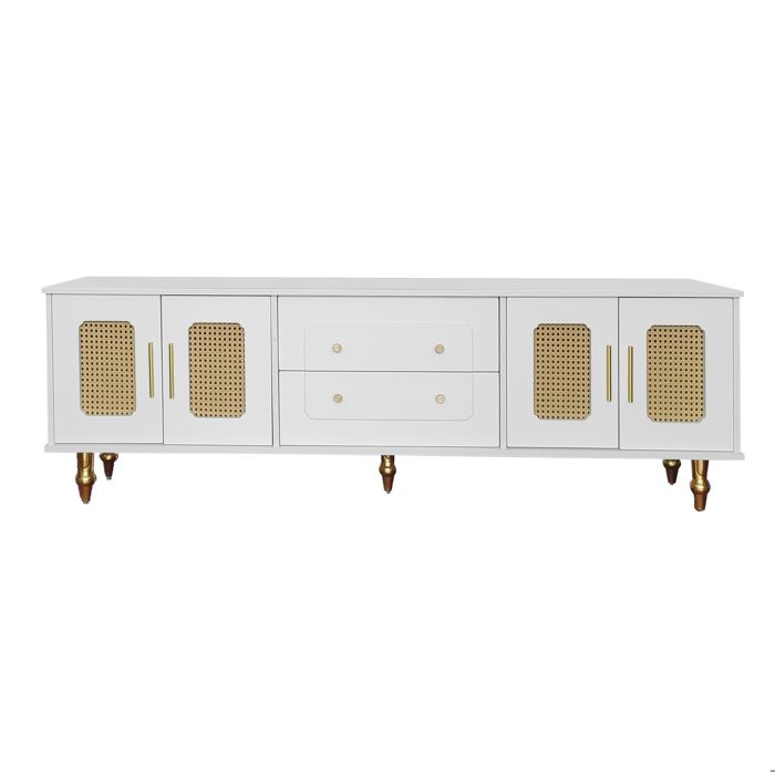 Meuble TV avec 4 Portes Effet Rotin en PVC et 2 Tiroirs Poignées et Pieds Dorés Blanc 175×38×555 cm - UVRION