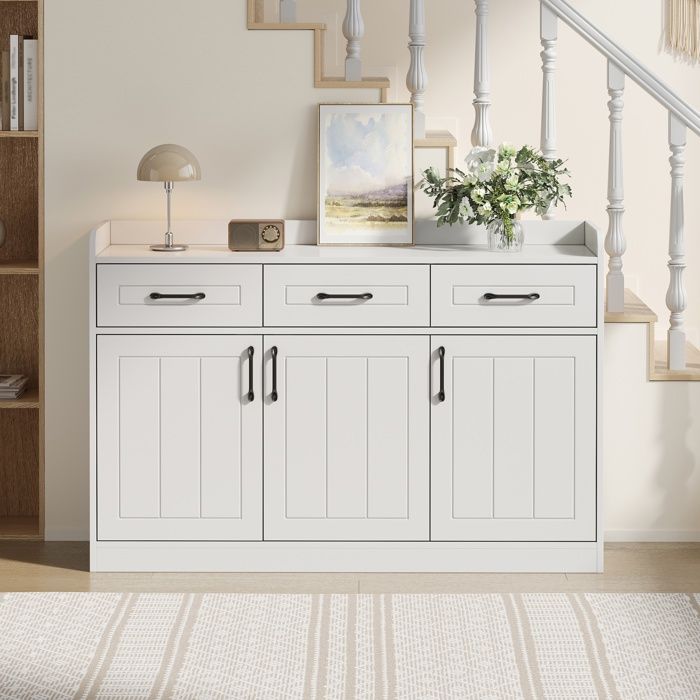 Buffet 3 portes 3 tiroirs avec étagères réglables meuble de rangement strié 120 x 35 x 80 cm panneau de particules blanc