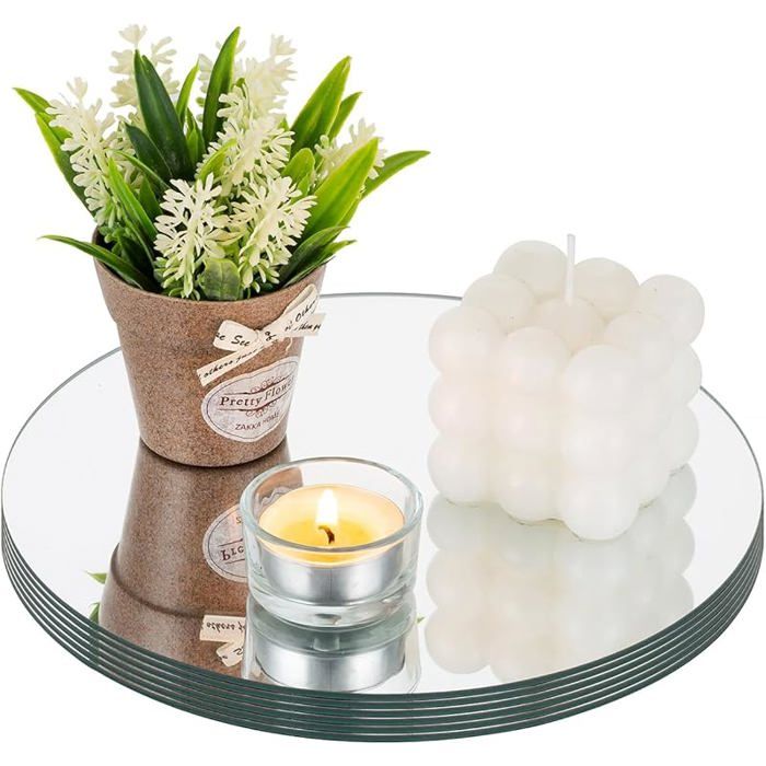 Centre de Table en Miroir Rond : 6 Pièces en Verre Miroir pour Bougies Piliers 20cm Set de Plateaux pour Bougies pour 20cm 6