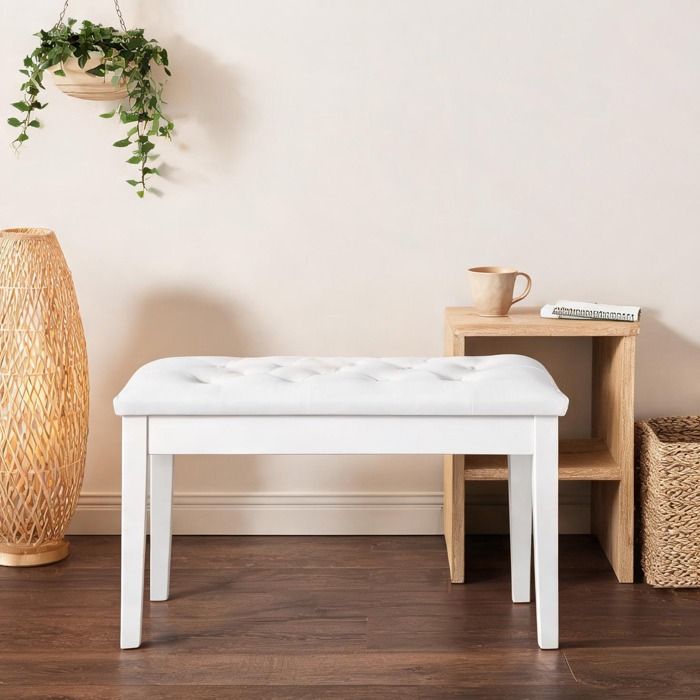 Tabouret de piano 2 places en bois massif et similicuir style campagne classic white 76 x 36 x 50 cm