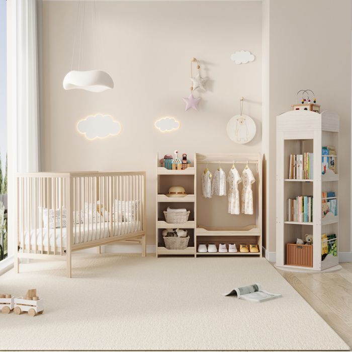 WUVRIE Ensemble chambre bebe avec lit transformable armoire ouverte et bibliotheque rotative 360° bois naturel
