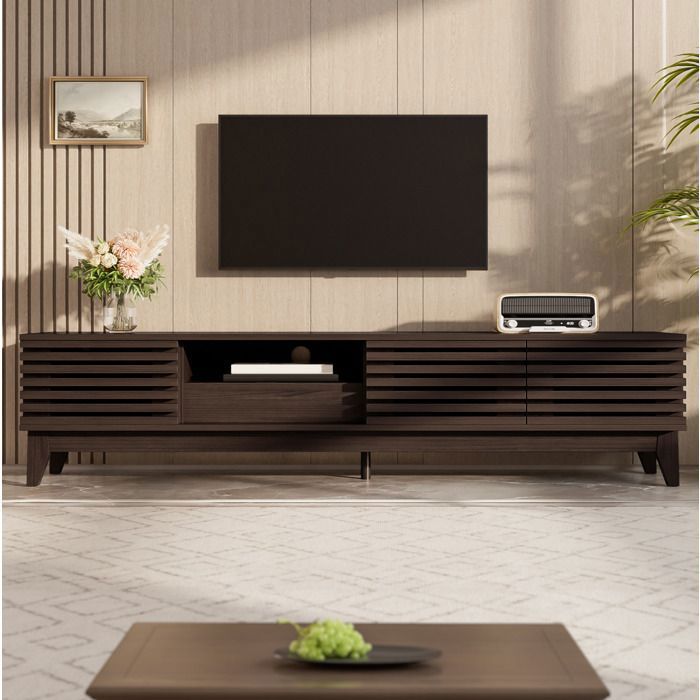 ROVRYN Meuble TV bas 170 cm 3 portes 1 tiroir niche ouverte effet bois vintage marron