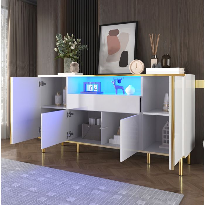 JOINERY meuble buffet rangement blanc brillant LED 150 x 40 x 80 cm 4 portes 1 tiroir MDF panneaux de particules doré