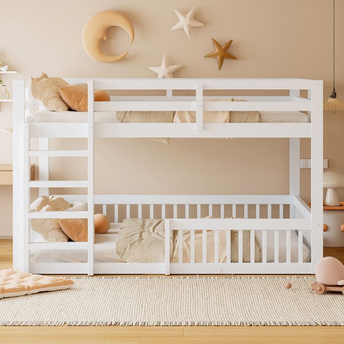 Lits superposés 160x200cm lit 4 places avec barrières de sécurité lit double avec Sommier à lattes Pin en MDF Finition blanc
