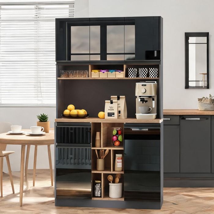 Buffet haut de rangement 105x45x185 cm MDF anthracite et noir brillant 1 tiroir 2 portes étagères réglables cuisine salon