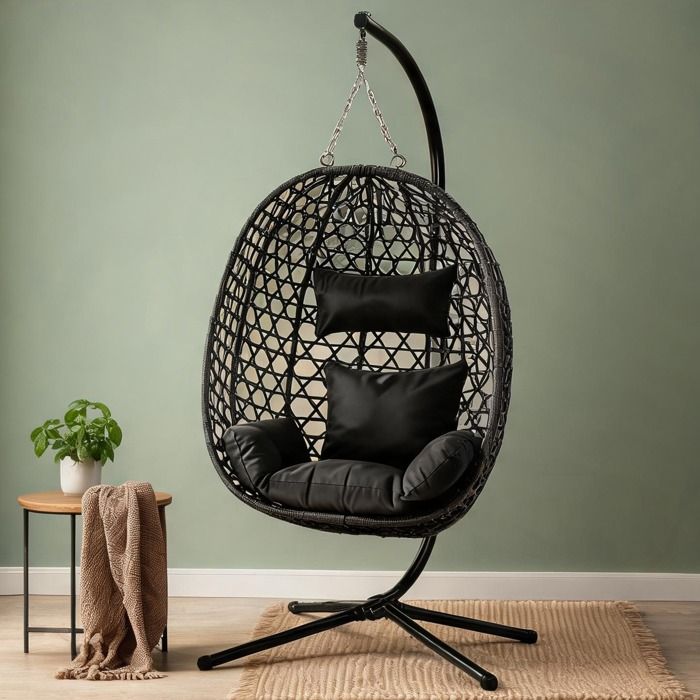 Fauteuil suspendu œuf en métal et rotin synthétique hauteur réglable coussins inclus design contemporain capacité 150 kg