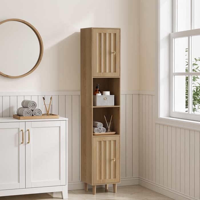 Colonne de salle de bain avec 2 portes et étagères ouvertes - pour salle de bain - en MDF - 32×30×169 cm - chêne