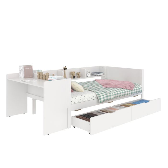 Lit combiné 1 place 90 x 200 cm SENVIRO avec bureau 2 tiroirs 3 étagères barrières latérales blanc