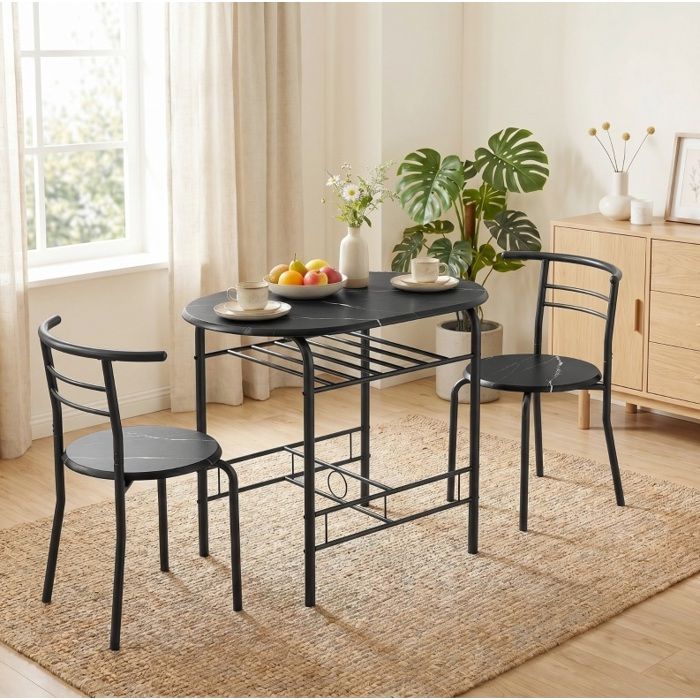 Ensemble Repas 3 Pieces Noir Table De Cuisine Industrielle FloraGrace Pour Petit Espace Etagere Sous Table 80x52x76cm