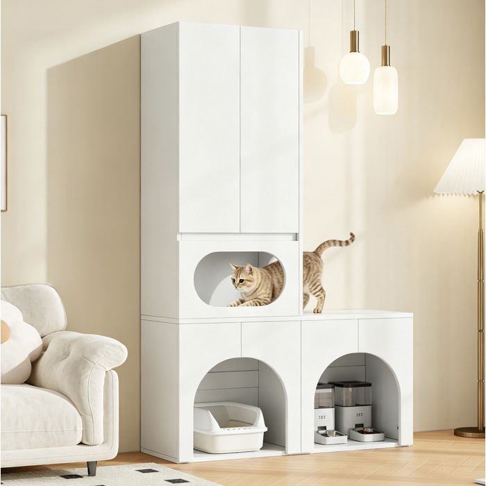 SENVIRO meuble litière chat et chien 140 x 45 x 195 cm MDF blanc 2 espaces fermés niche de repos rangement