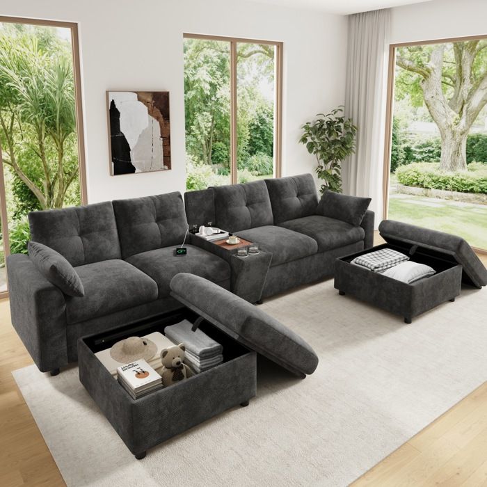 Canapé modulable 6 places forme U/L avec 2 poufs de rangement - BEAUNIV - console centrale USB Type-C chenille gris