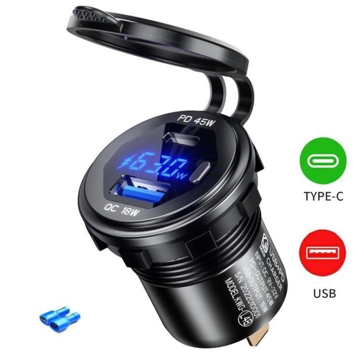 Chargeur Voiture Double 12V 45W PD Type C + 18W QC3.0 USB Avec Interrupteur - Étanche Pour Voitures, Bateaux, Moto