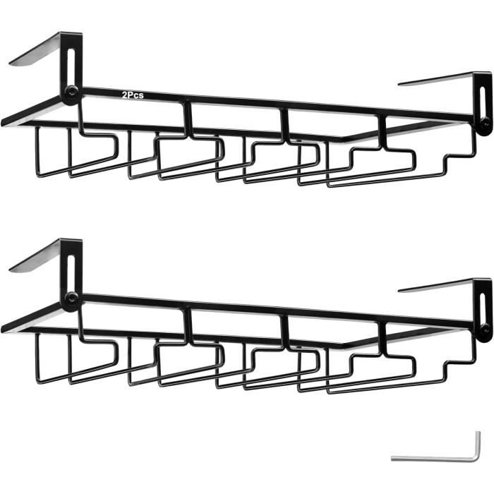 2 Porte-verres Suspendus Sous Armoire - Support Verre à Vin Noir Sans Perçage