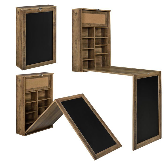 Table murale pliable bureau mural rabattable MDF 156 cm marron noir 03_0004358
