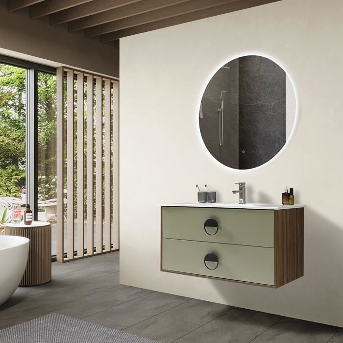 LuxuryBain - Meuble de salle de bain simple vasque 100cm bois et vert avec miroir led LB-1002-100