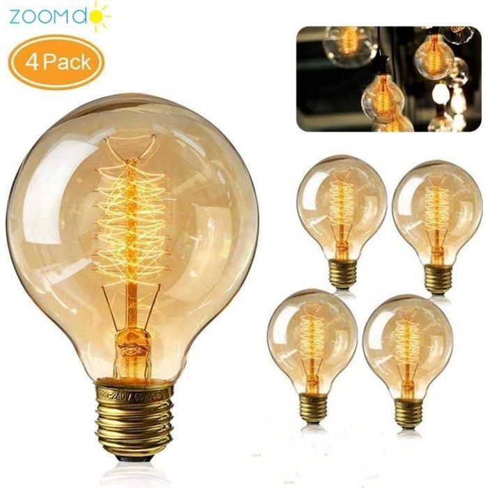 Zoomdo Ampoule Edison E27, Ampoule E27 Vintage Globe Lampe Filament Rétro  Ampoules G80 40W 220V Blanc Chaud (4 Pack)