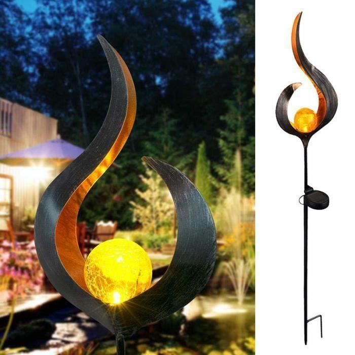 Lampadaire de Jardin Solaire Flamme LED - Noir - Métal - Etanche IP44 - Décoration Fête Jardin Pelouse