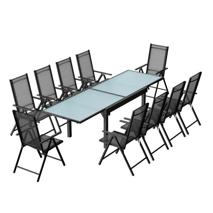 BRESCIA - Salon de jardin aluminium table extensible + 10 chaises en textilène