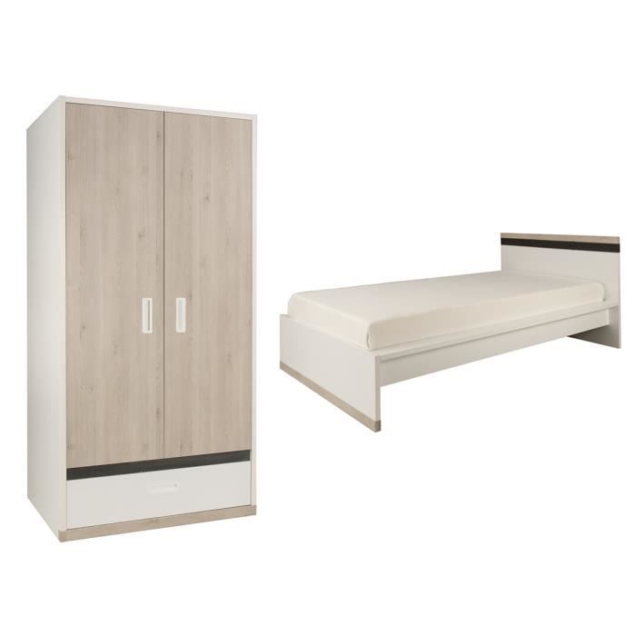 Lit Junior 90x200 Et Armoire 2 Portes Gami Tiago Blanc Bois Achat Vente Chambre Complete Lit Junior 90x200 Et