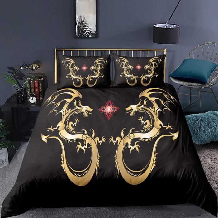 Housse de Couette - Dragon d'or - 220x240cm - Microfibre hypoallergénique - Impression 3D