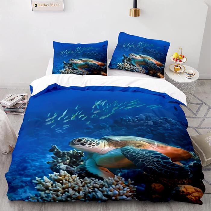Housse de couette 220x240Cm Série Océan Bleu Animal Corail École de