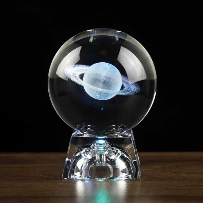 Lampe Boule De Cristal Système Solaire 3D Avec Base En Bois, Lampe