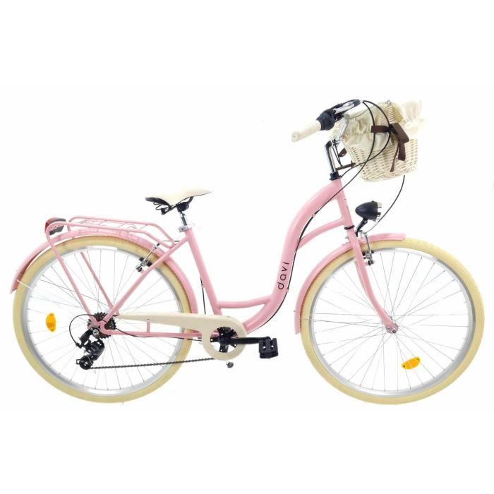 Velo de ville Davi Emma Pour femme Panier en osier 7 vitesse Roue 28p hauteur 160 185 cm Rose Creme Cdiscount Sport