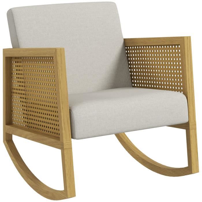 fauteuil lounge à bascule style bohème chic - accoudoirs structure bois hévéa rotin - tissu toucher lin gris clair