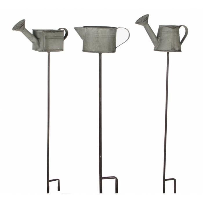LH/éritier Du Temps Lot de 3 Tuteurs de Jardin Pics de Potager D/écoratifs Motifs Arrosoirs sur Tige en Fer Gris et Noir 8x8x56cm