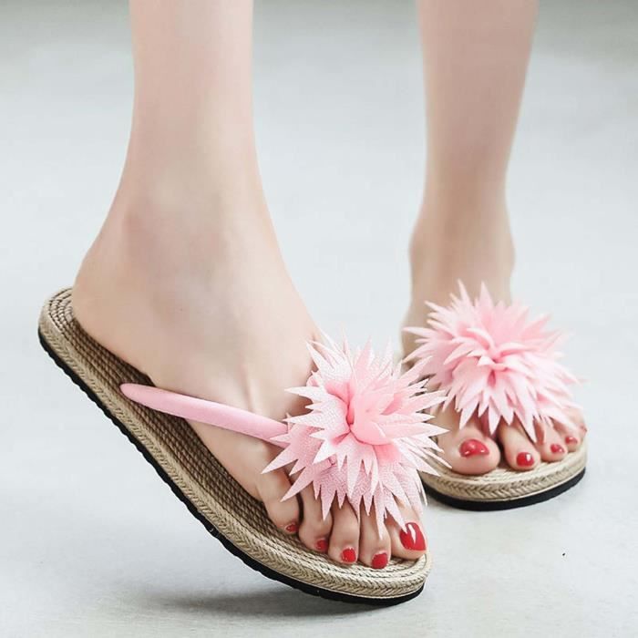 Tongs de paille d imitation de dames d ete fleurissent des tongs de plage plate Rose Cdiscount Sport
