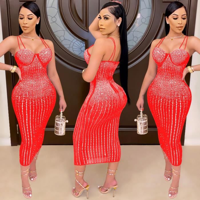 Robe CM.YAYA Robe moulante mi longue a col en V plongeant pour femmes maille transparente biscuits chauds tambour Rouge D9299 Blanc Cdiscount Pret a Porter