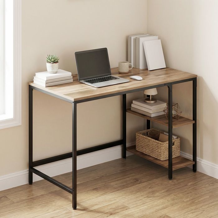 Bureau avec Rangement avec 2 Étagères Réversibles pour Télétravail Salon Cadre en Acier Marron Camel et Noir dEncre