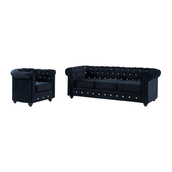 Canapé 3 places et fauteuil CHESTERFIELD - velours noir et boutons effet cristal